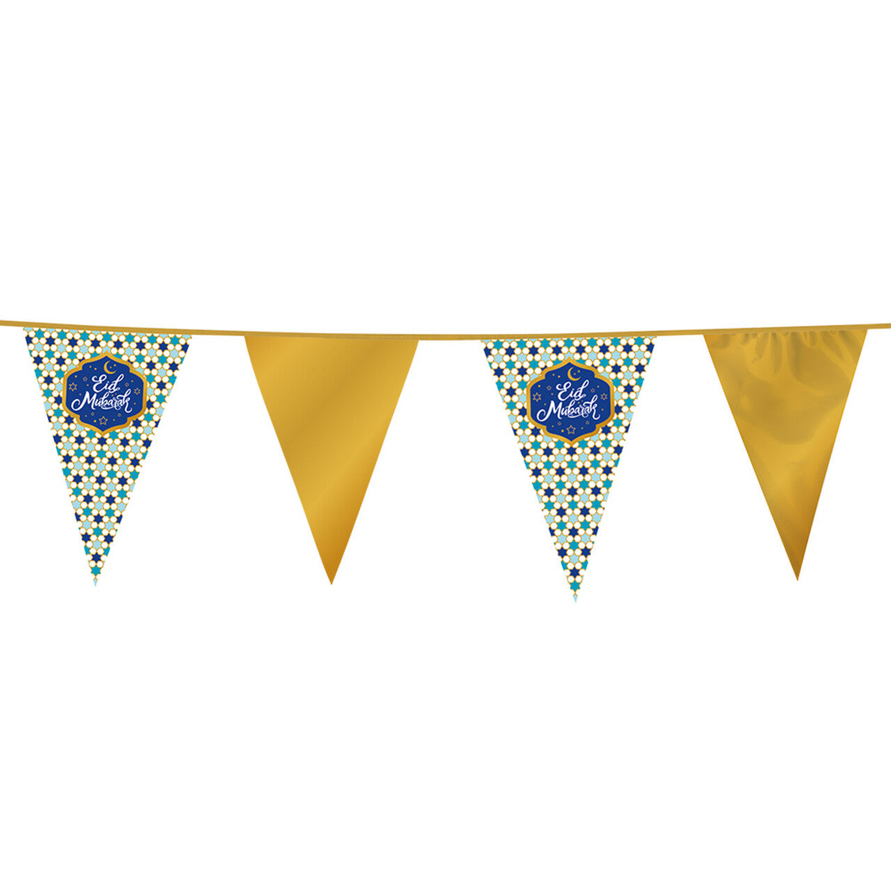 Op deze afbeelding zie je een Decoratie, van het merk Boland. Folie Vlaggenlijn Eid Mubarak Blauw / Goud