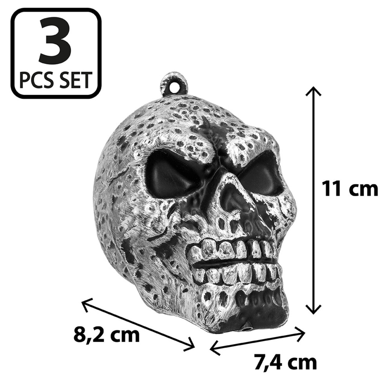 Op deze afbeelding zie je een Decoratie, van het merk Boland. Set 3 Decoratie Schedels Zilver