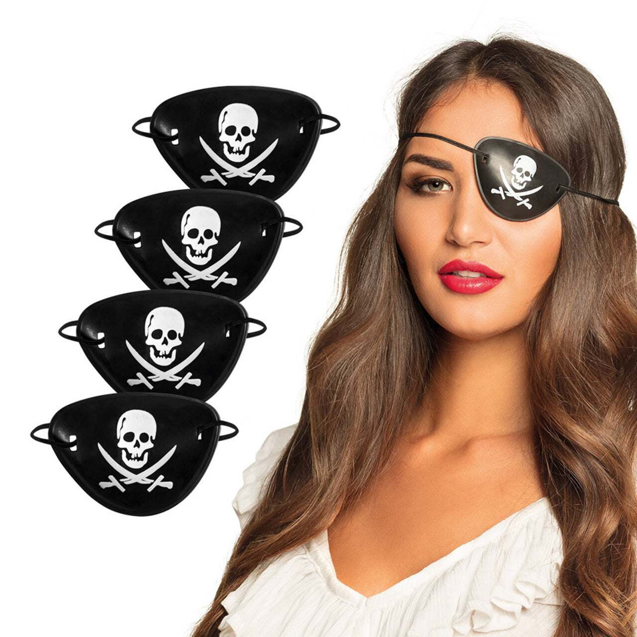 Op deze afbeelding zie je een Accessoires, van het merk Boland. Set 4 Piratenooglapjes Schedel & Zwaarden