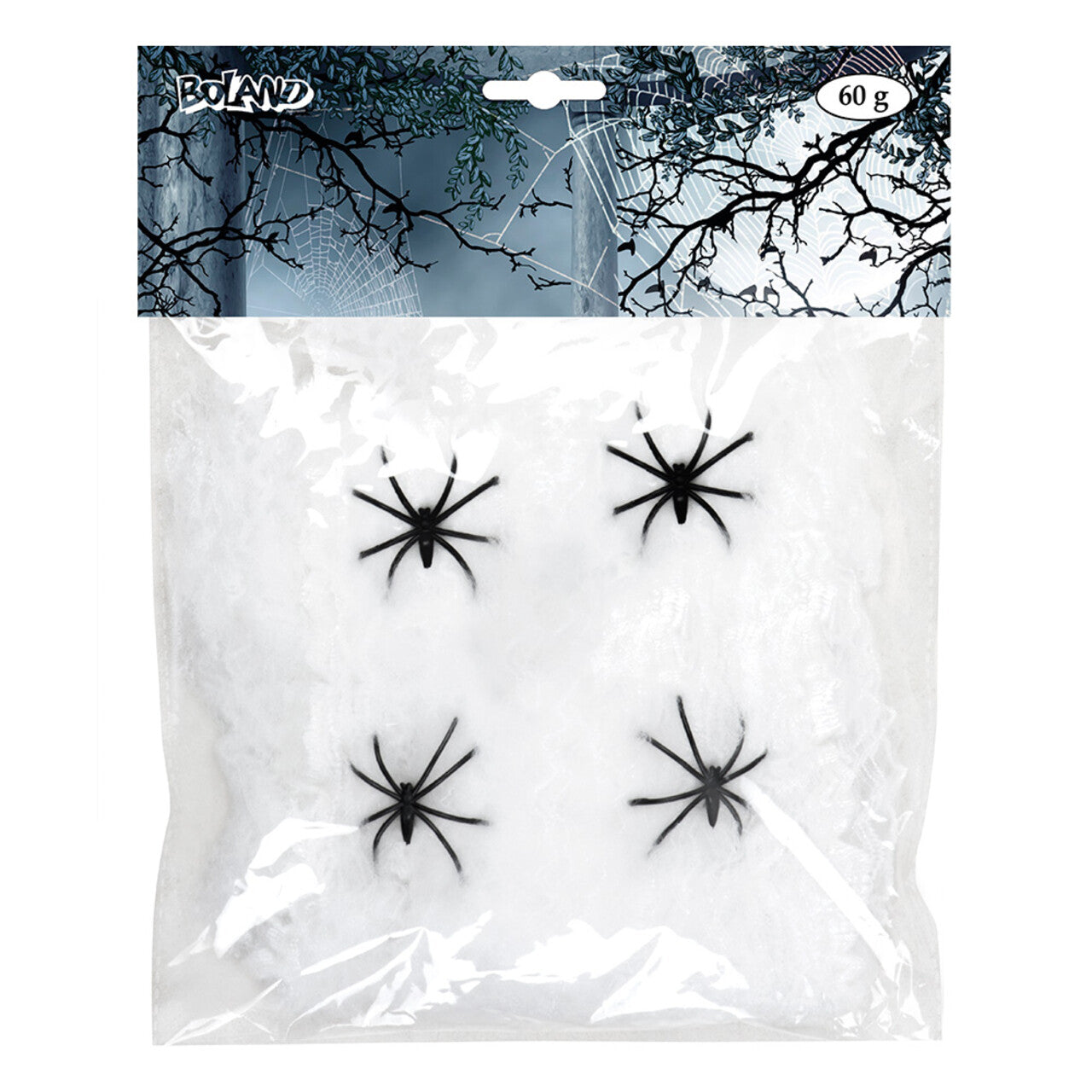 Op deze afbeelding zie je een Decoratie, van het merk Boland. Spinnenweb Met 4 Spinnen 60 Gram Wit
