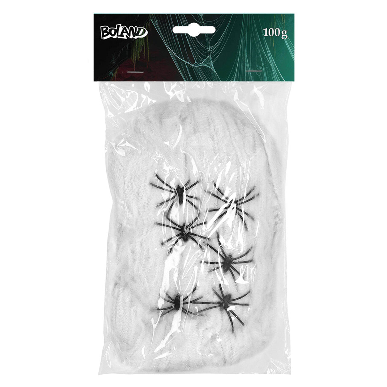 Op deze afbeelding zie je een Decoratie, van het merk Boland. Spinrag 100 G Wit Met 6 Spinnen