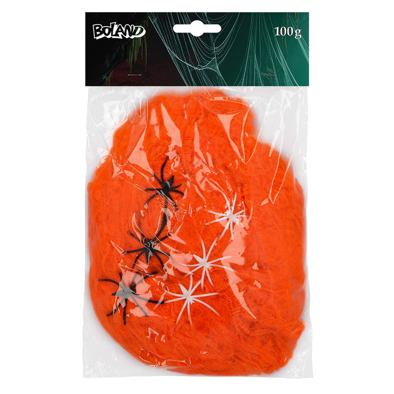 Op deze afbeelding zie je een Decoratie, van het merk Boland. Spinrag 100 G Oranje Met 6 Spinnen