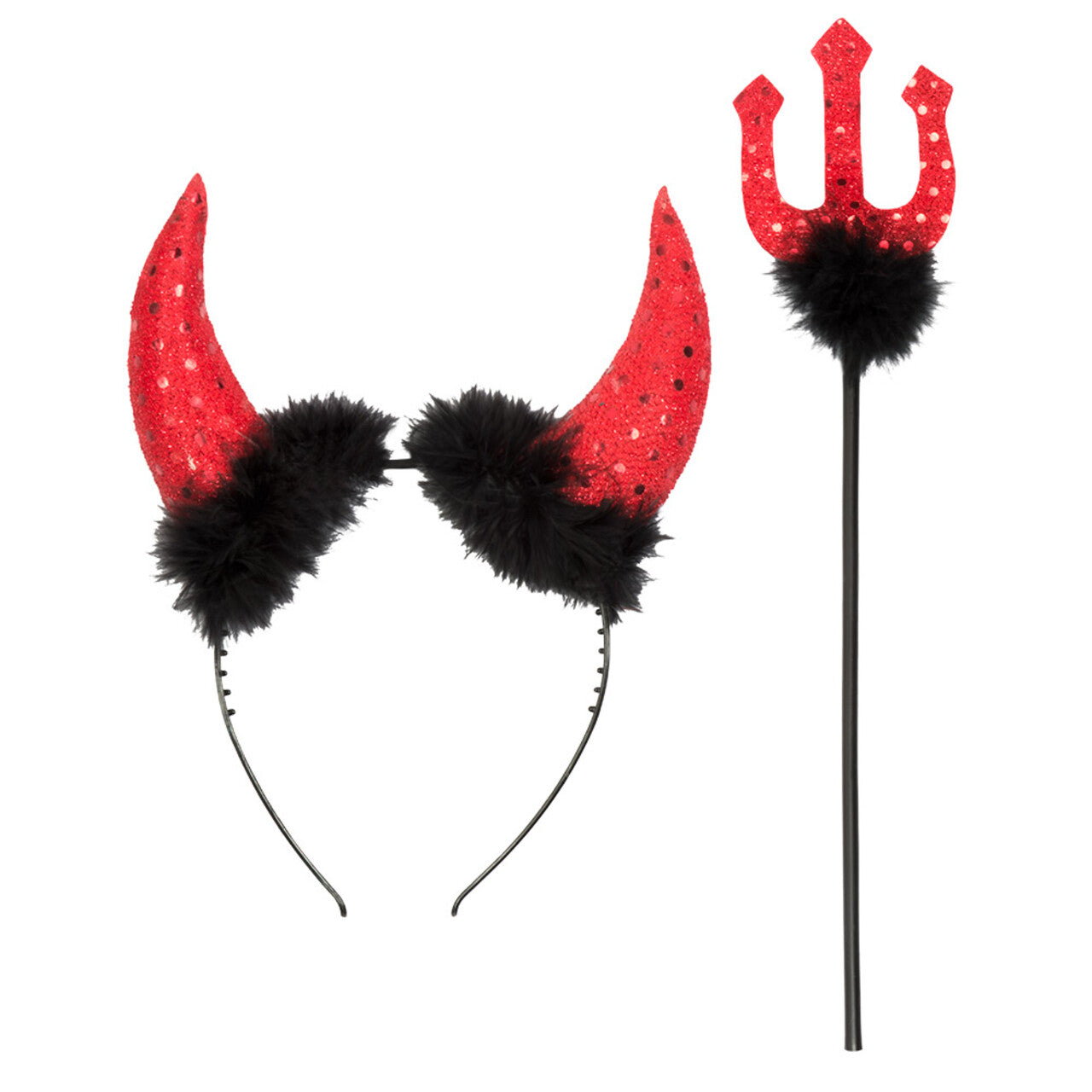 Op deze afbeelding zie je een Accessoires, van het merk Boland. Set Glitter Duivel Hoorntjes En Vork 40 Cm