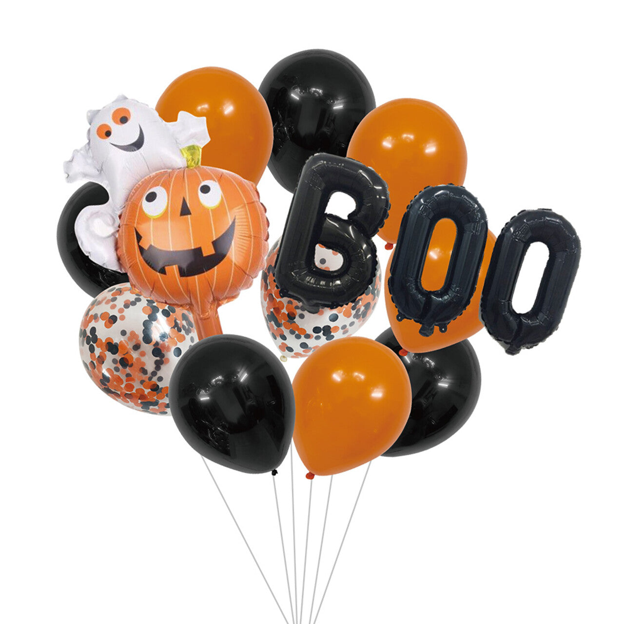 Op deze afbeelding zie je een Decoratie, van het merk Boland. Ballonnenset Halloween Boo Oranje / Zwart