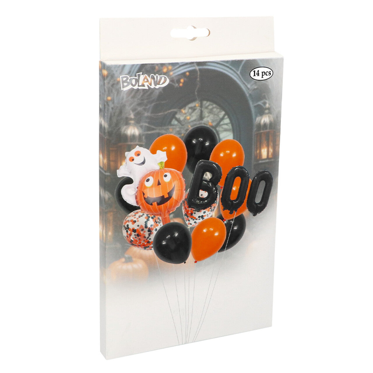 Op deze afbeelding zie je een Decoratie, van het merk Boland. Ballonnenset Halloween Boo Oranje / Zwart