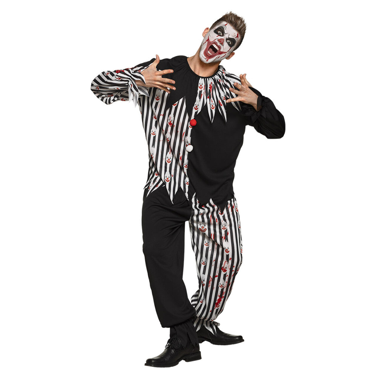 Op deze afbeelding zie je een Kostuums, van het merk Boland. Enge Nachtcircus Clown Man Kostuum