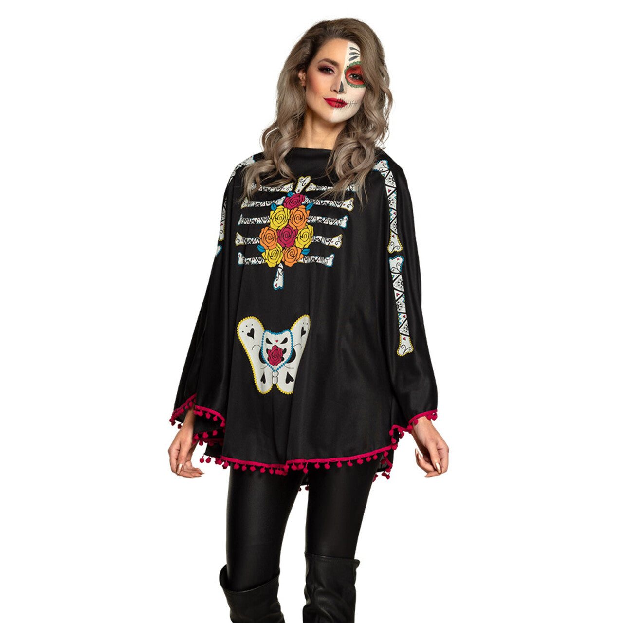 Op deze afbeelding zie je een Kostuums, van het merk Boland. Mexicaanse Poncho Skelettina Vrouw Kostuum