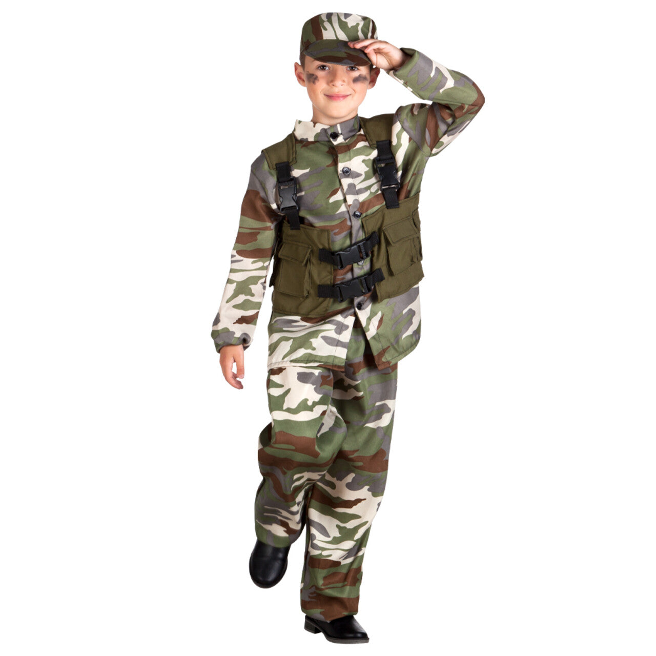 Op deze afbeelding zie je een Kostuums, van het merk Boland. Soldaat Commando Tijgeren Jongen Kostuum