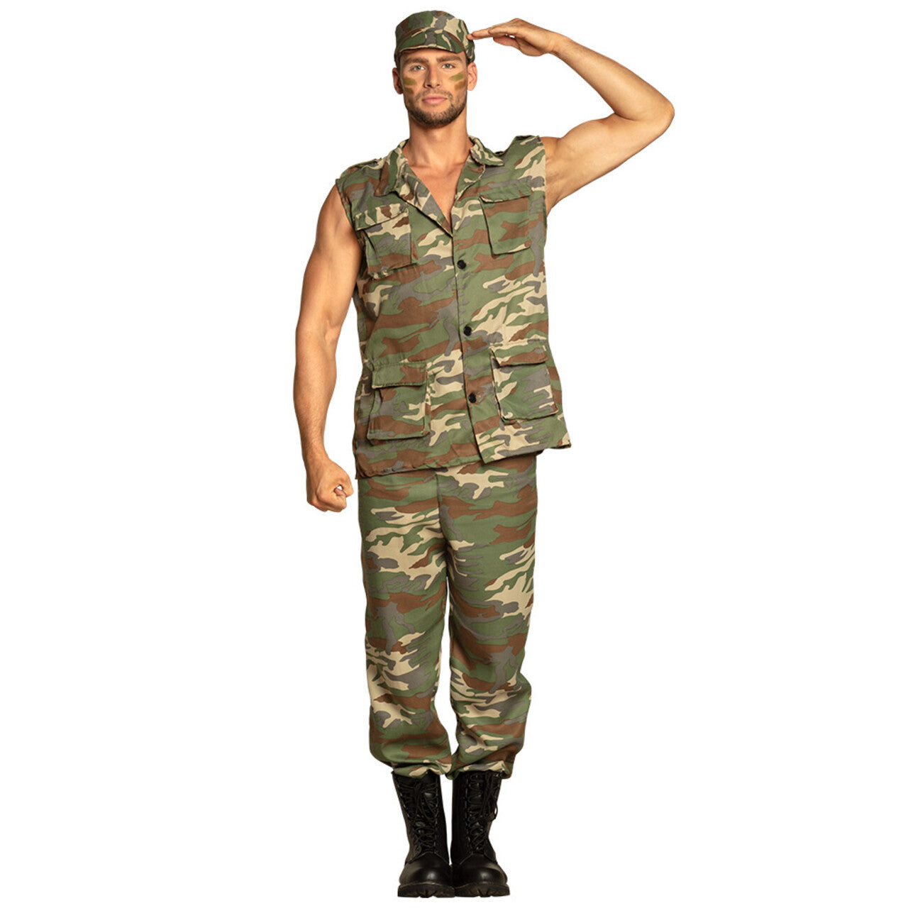 Op deze afbeelding zie je een Kostuums, van het merk Boland. Legerofficier Camiel Camo Man Kostuum