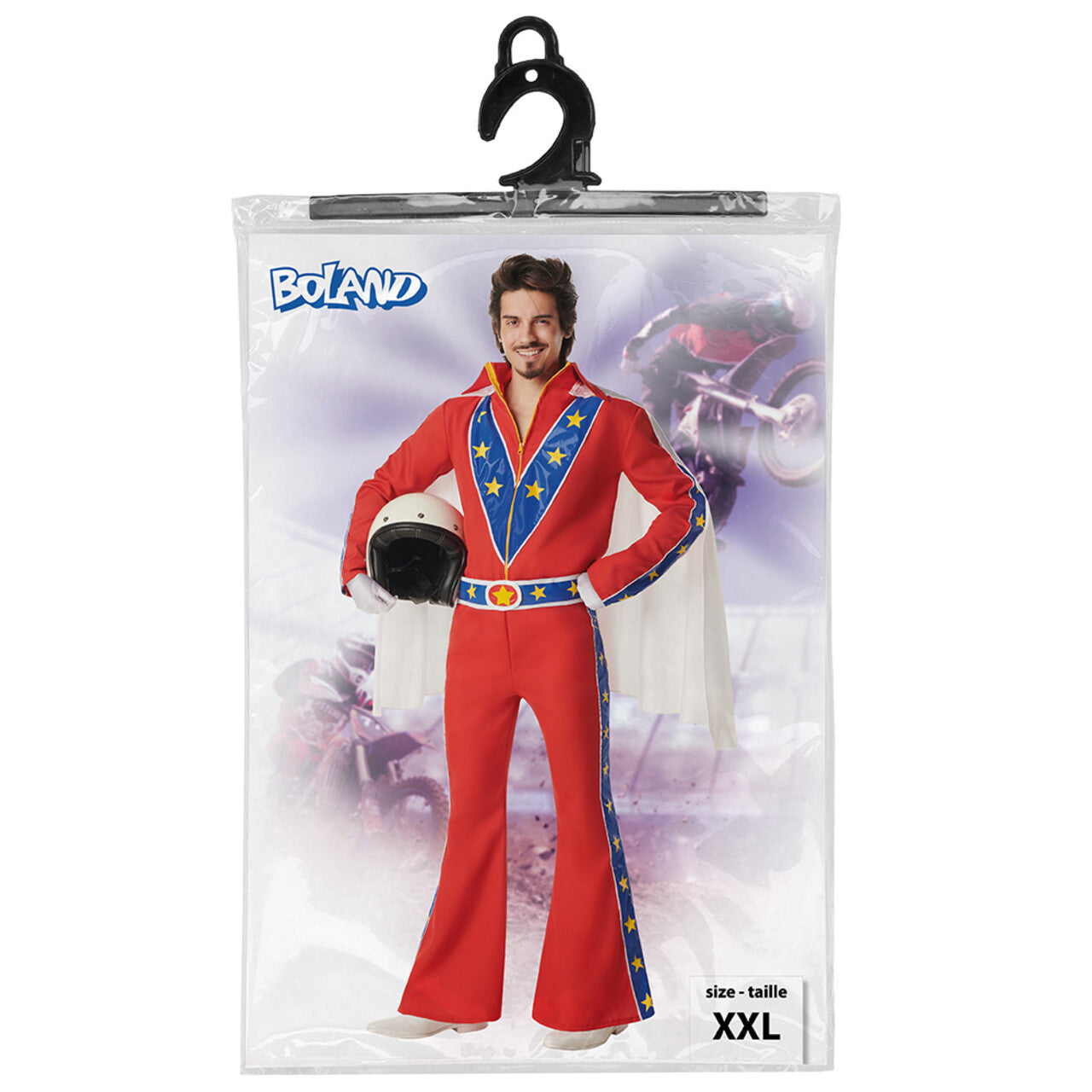 Op deze afbeelding zie je een Kostuums, van het merk Boland. Showracer Johnny Jumpcrash Man Kostuum