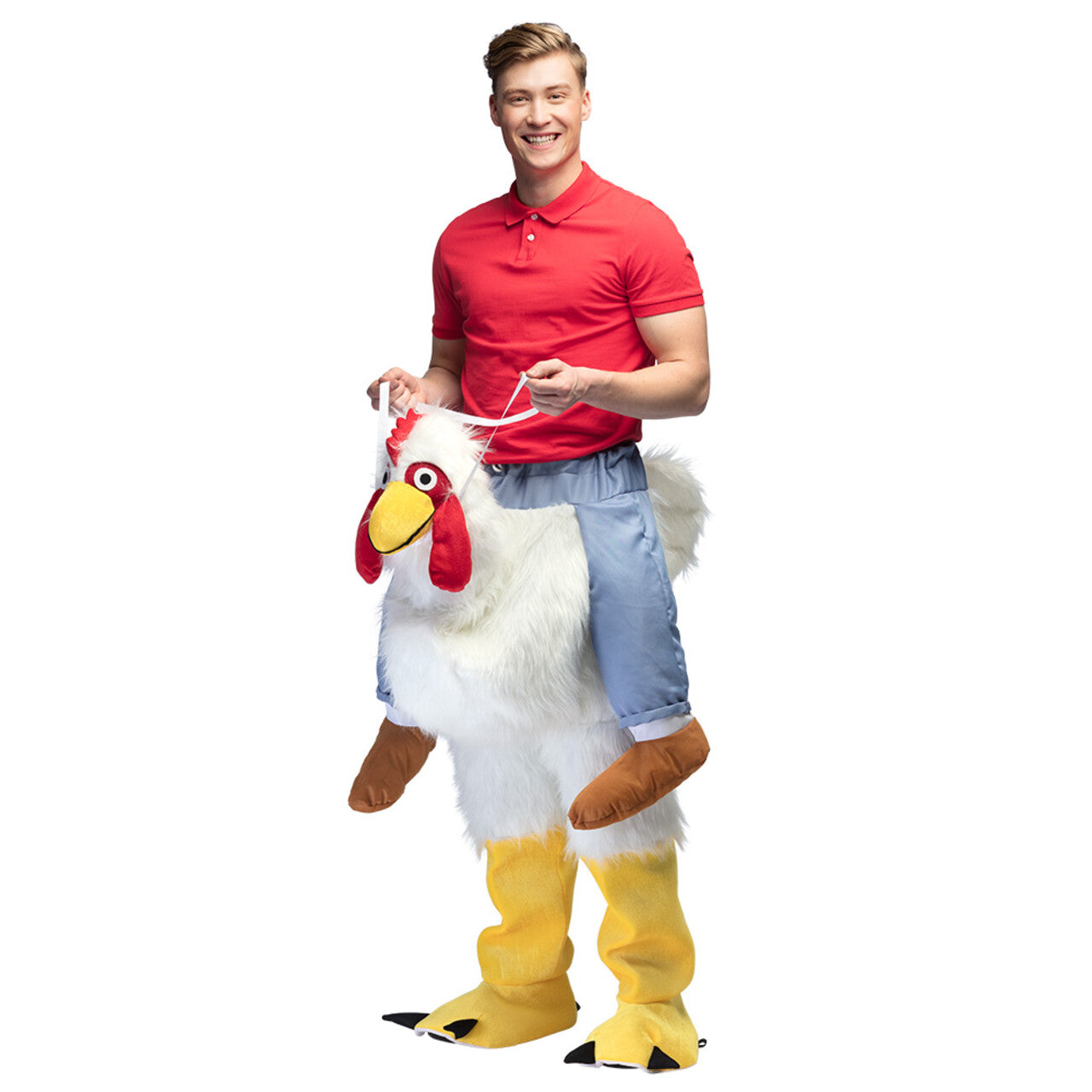 Op deze afbeelding zie je een Kostuums, van het merk Boland. Chicken Jockey Op De Rug Van Een Kip Kostuum