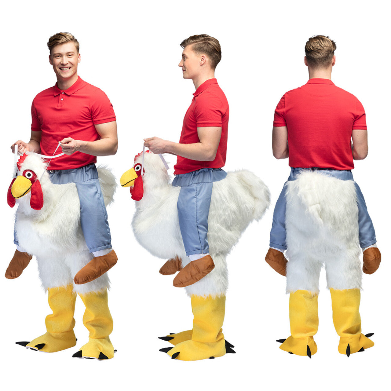 Op deze afbeelding zie je een Kostuums, van het merk Boland. Chicken Jockey Op De Rug Van Een Kip Kostuum