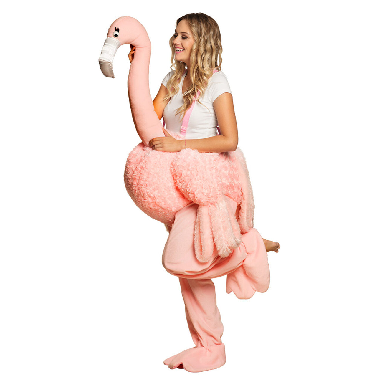 Op deze afbeelding zie je een Kostuums, van het merk Boland. Op De Rug Van Een Zoetroze Flamingo Kostuum