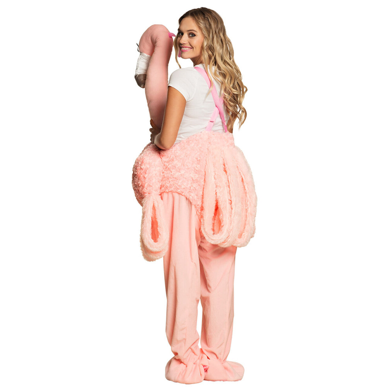 Op deze afbeelding zie je een Kostuums, van het merk Boland. Op De Rug Van Een Zoetroze Flamingo Kostuum