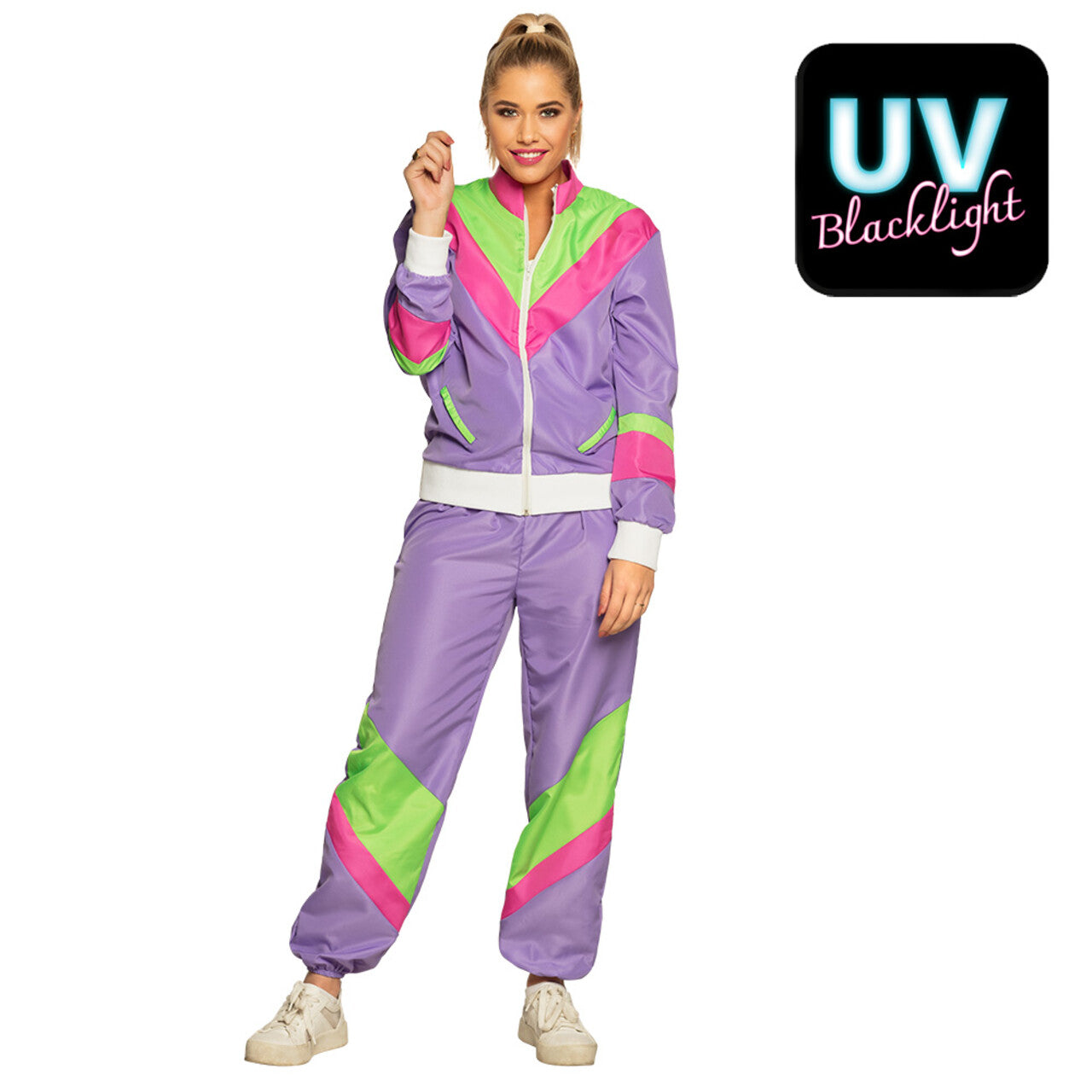 Op deze afbeelding zie je een Kostuums, van het merk Boland. Trainingspak Retro Babe Paars Vrouw Kostuum
