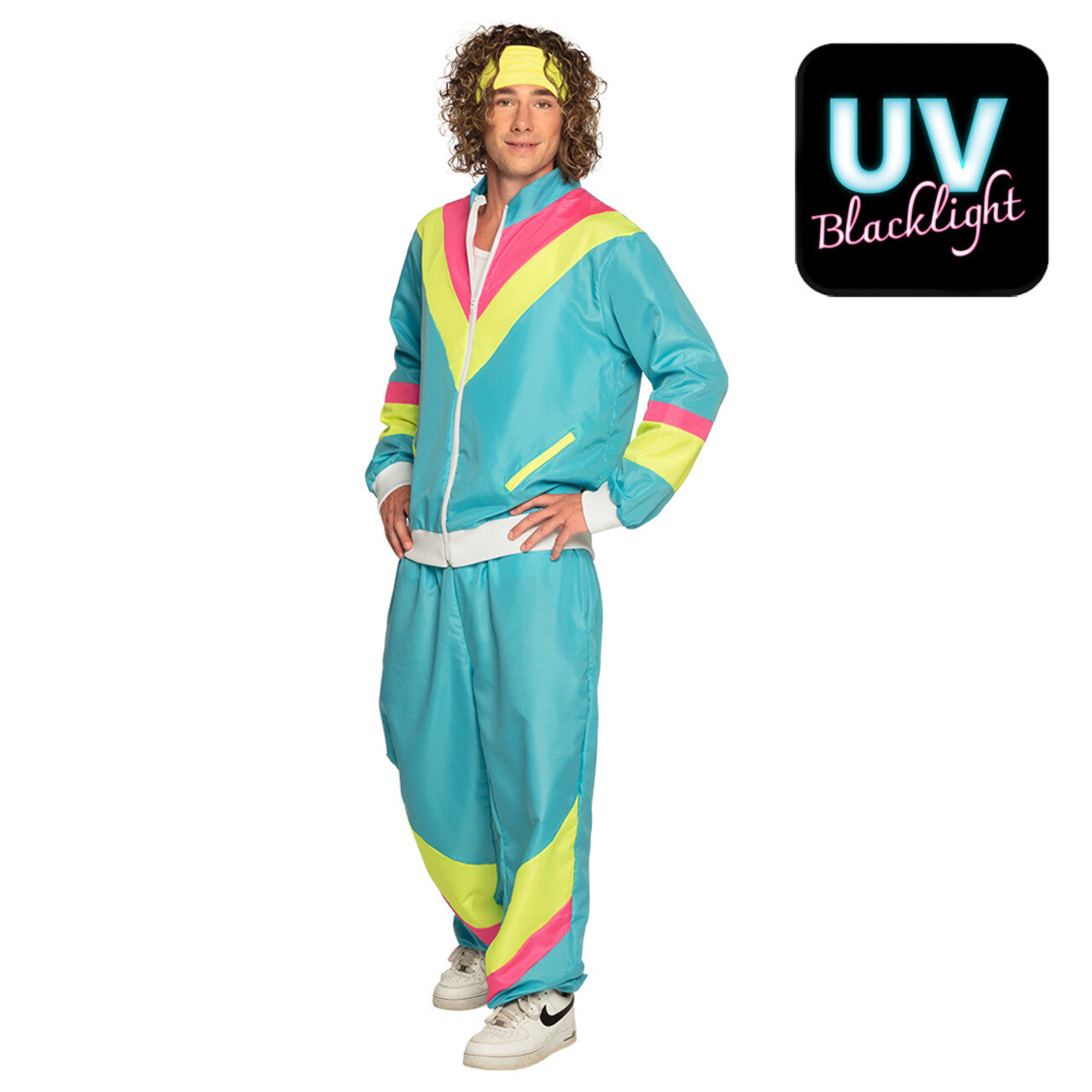 Op deze afbeelding zie je een Kostuums, van het merk Boland. Trainingspak Retro Dude Neonblauw Man Kostuum