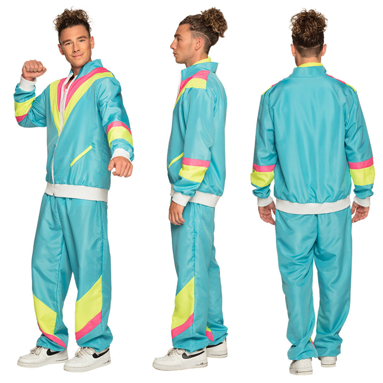 Op deze afbeelding zie je een Kostuums, van het merk Boland. Trainingspak Retro Dude Neonblauw Man Kostuum