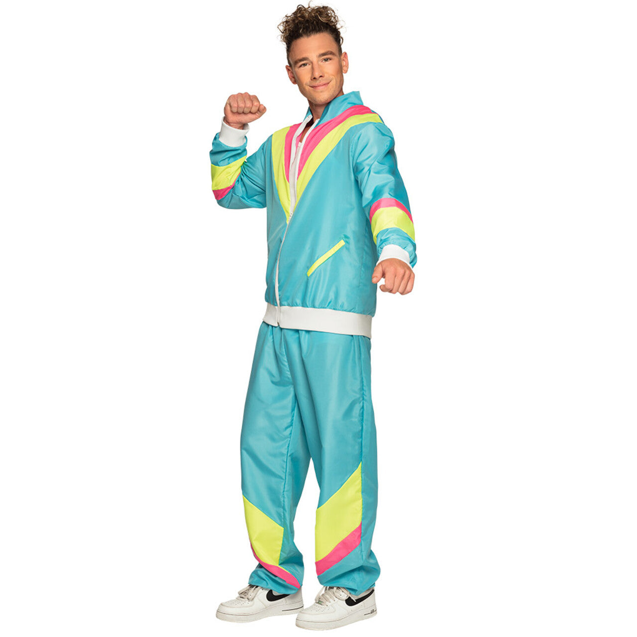 Op deze afbeelding zie je een Kostuums, van het merk Boland. Trainingspak Retro Dude Neonblauw Man Kostuum
