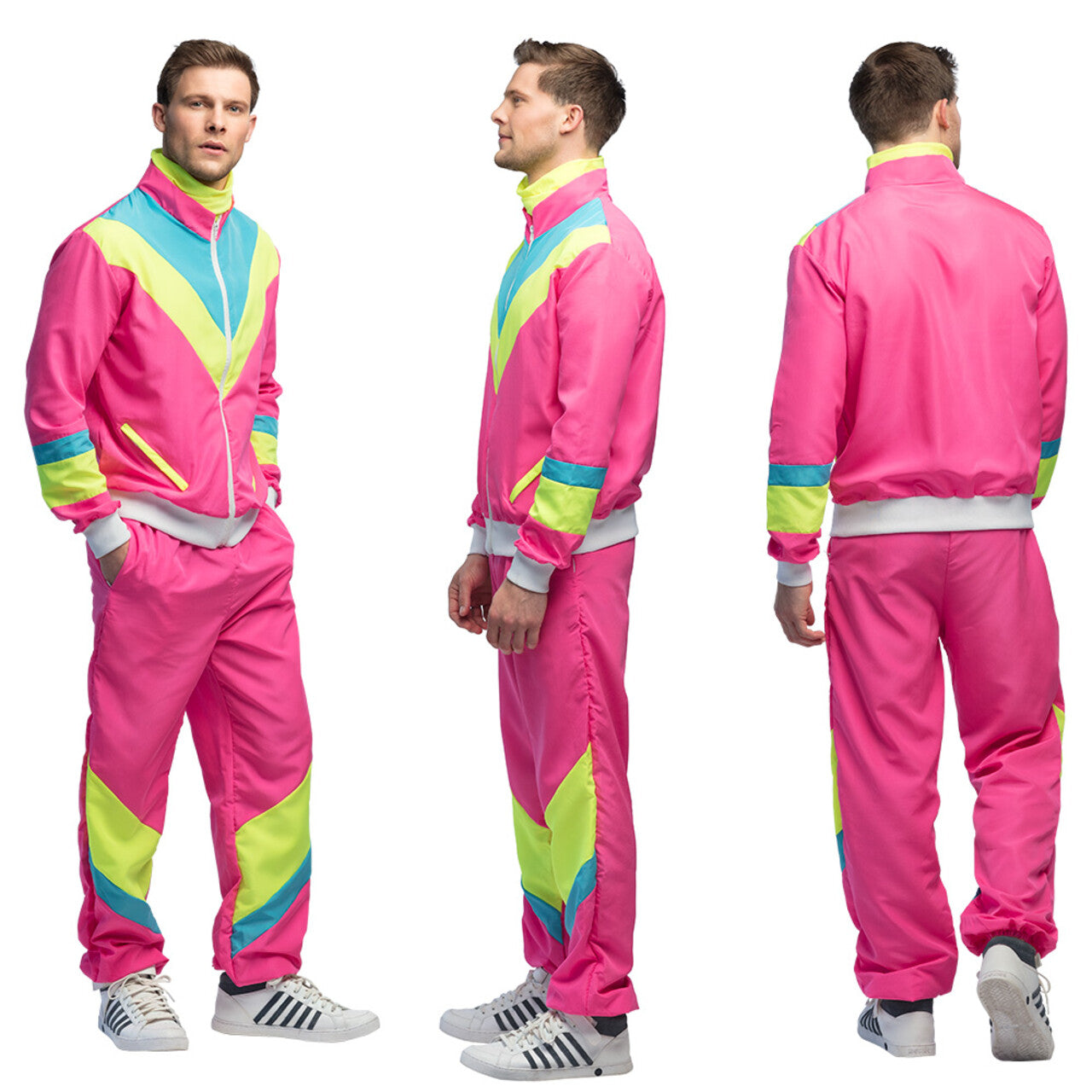 Op deze afbeelding zie je een Kostuums, van het merk Boland. Trainingspak Retro Dude Neonroze Man Kostuum
