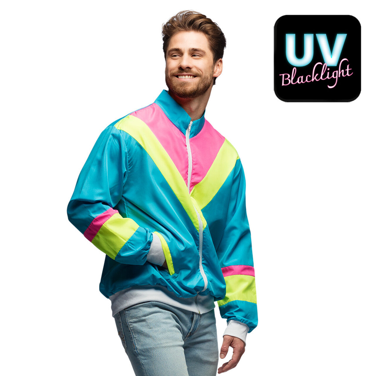 Op deze afbeelding zie je een Kostuums, van het merk Boland. Trainingsjasje Retro Dude Neonblauw Man
