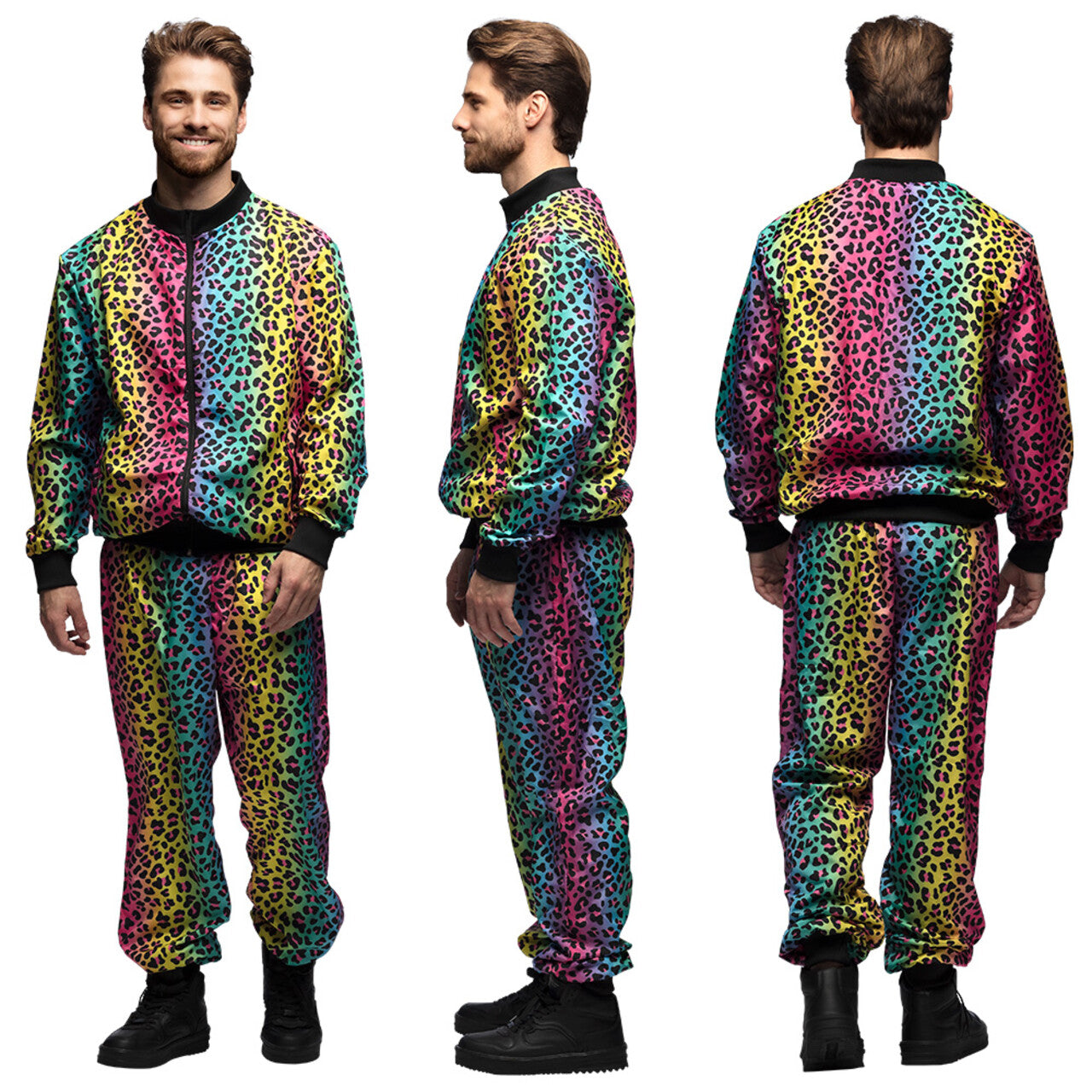 Op deze afbeelding zie je een Kostuums, van het merk Boland. Trainingspak Regenboogpanter Dude Man Kostuum