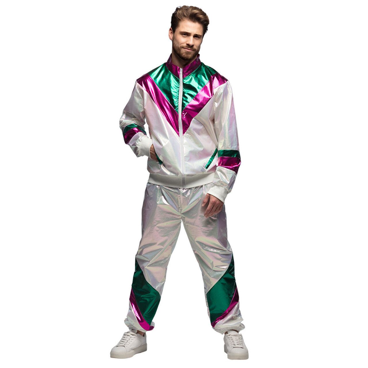 Op deze afbeelding zie je een Kostuums, van het merk Boland. Trainingspak Holographic Dude Man Kostuum