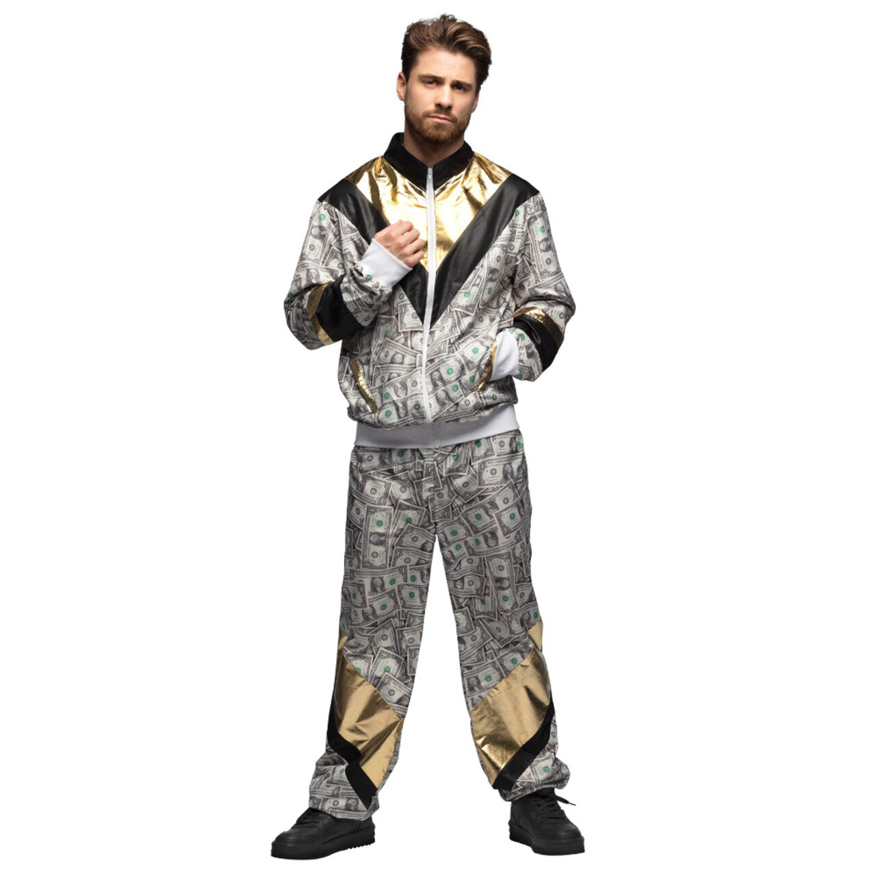 Op deze afbeelding zie je een Kostuums, van het merk Boland. Trainingspak Us Dollar Dude Man Kostuum