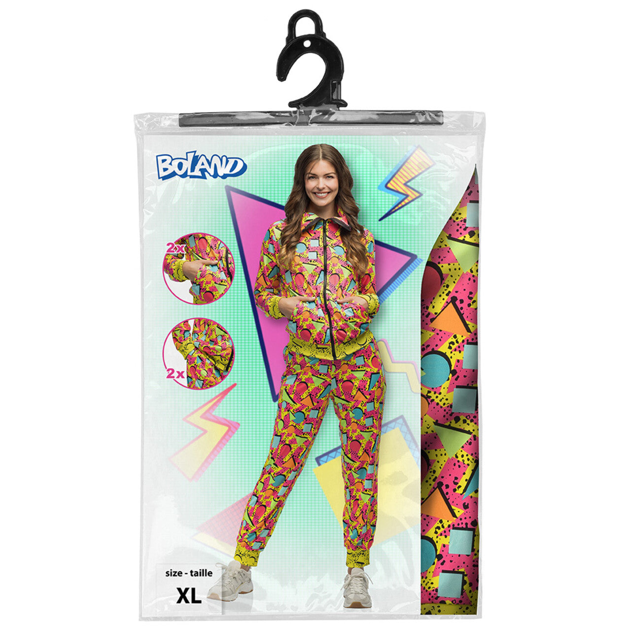 Op deze afbeelding zie je een Kostuums, van het merk Boland. Trainingspak 90s Pop Art Blacklight Vrouw Kostuum