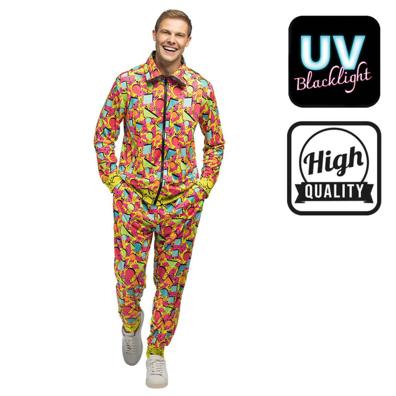 Op deze afbeelding zie je een Kostuums, van het merk Boland. Trainingspak 90s Fresh Prince Of Blacklight Man Kostuum