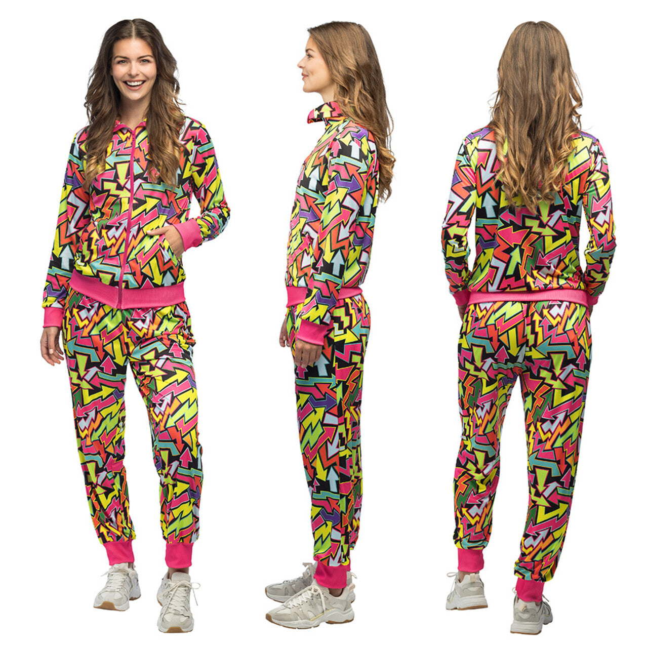 Op deze afbeelding zie je een Kostuums, van het merk Boland. Trainingspak 90s Street Art Blacklight Vrouw Kostuum