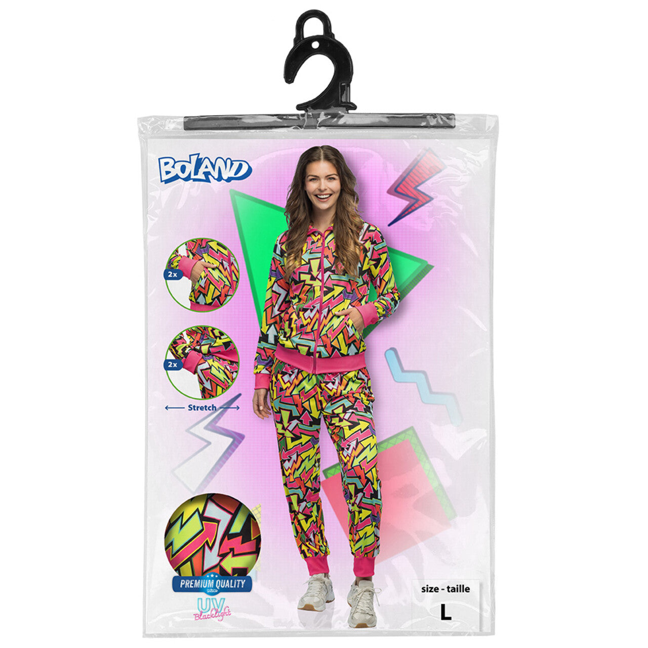 Op deze afbeelding zie je een Kostuums, van het merk Boland. Trainingspak 90s Street Art Blacklight Vrouw Kostuum
