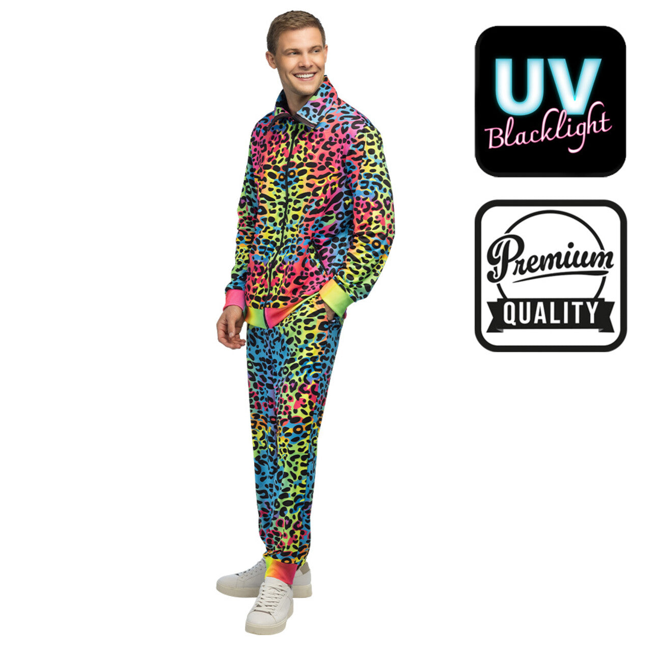 Op deze afbeelding zie je een Kostuums, van het merk Boland. Super Fout 90s Trainingspak Luipaard Rainbow Blacklight Man Kostuum