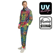 Op deze afbeelding zie je een Kostuums, van het merk Boland. Super Fout 90s Trainingspak Luipaard Rainbow Blacklight Man Kostuum