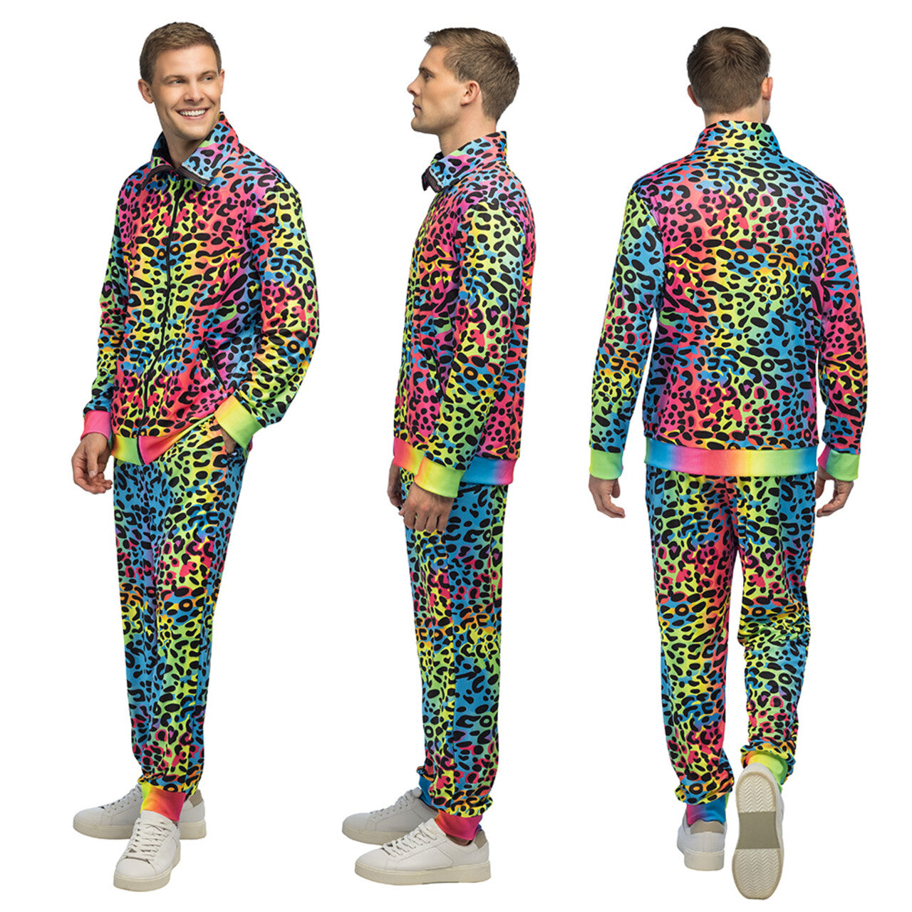 Op deze afbeelding zie je een Kostuums, van het merk Boland. Super Fout 90s Trainingspak Luipaard Rainbow Blacklight Man Kostuum