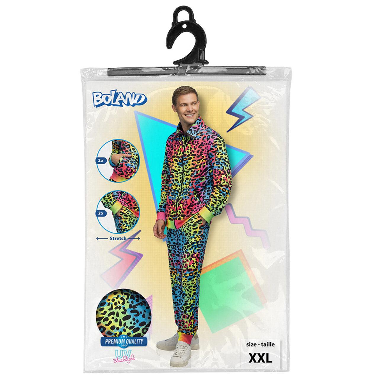 Op deze afbeelding zie je een Kostuums, van het merk Boland. Super Fout 90s Trainingspak Luipaard Rainbow Blacklight Man Kostuum