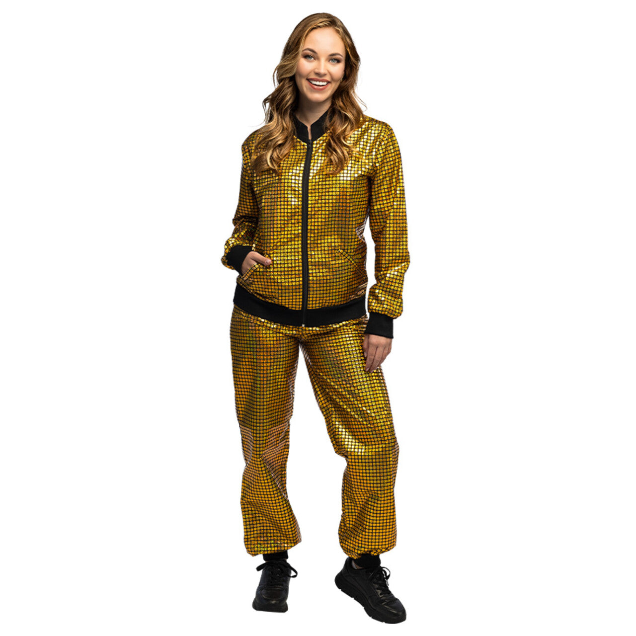 Op deze afbeelding zie je een Kostuums, van het merk Boland. Trainingspak Disco Diamond Babe Goud Vrouw Kostuum