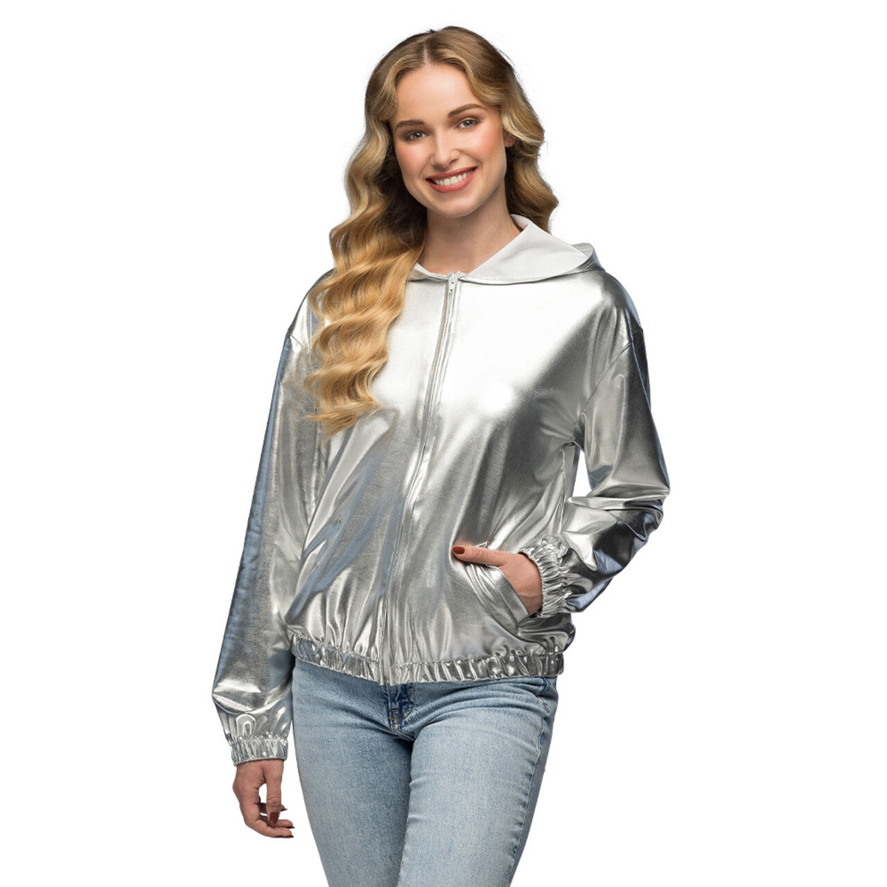 Op deze afbeelding zie je een Kostuums, van het merk Boland. Cool Out Of Space Jasje Zilver Vrouw