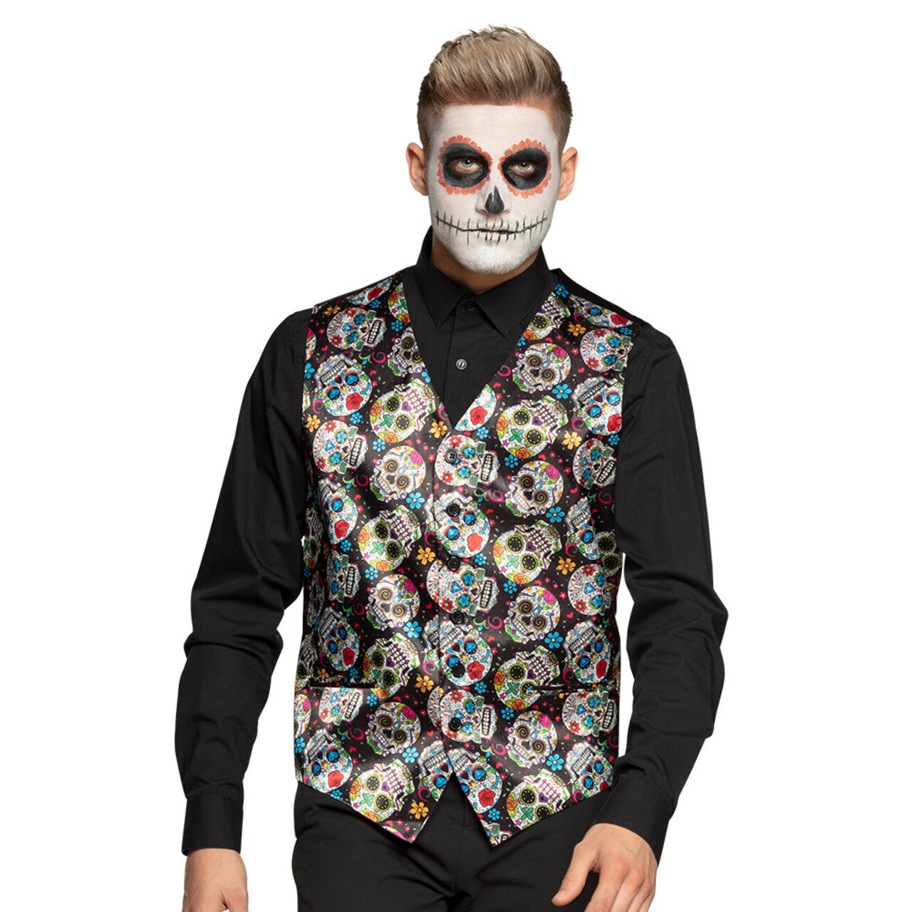 Op deze afbeelding zie je een Kostuums, van het merk Boland. Gilet Day Of The Dead Skull Collector Man