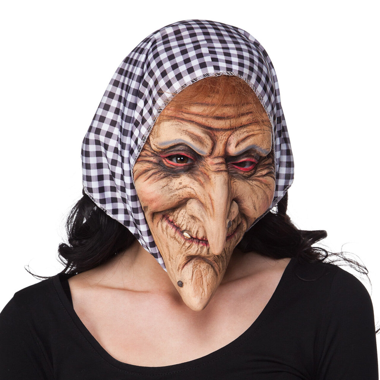 Op deze afbeelding zie je een Accessoires, van het merk Boland. Latex Gezichtsmasker Oude Heks Met Kap Zwartwit