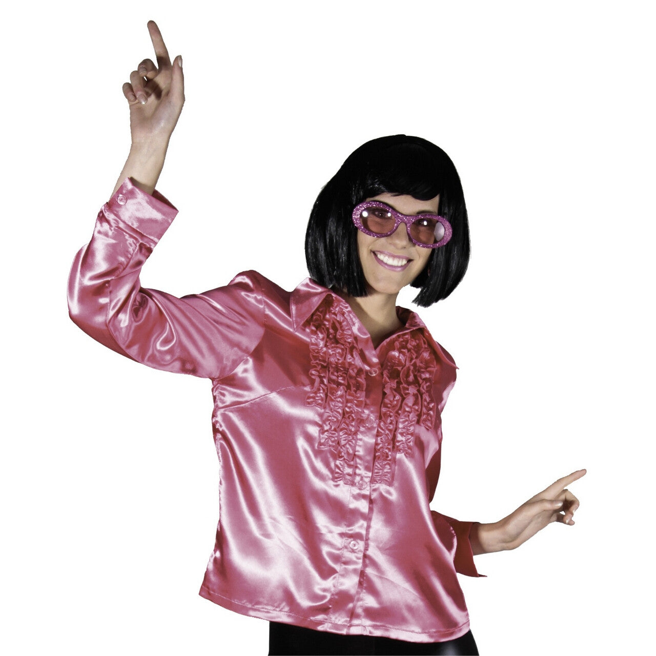 Op deze afbeelding zie je een Kostuums, van het merk Chaks. Disco Night Out Roze Glanzende Rouchen Blouse Vrouw