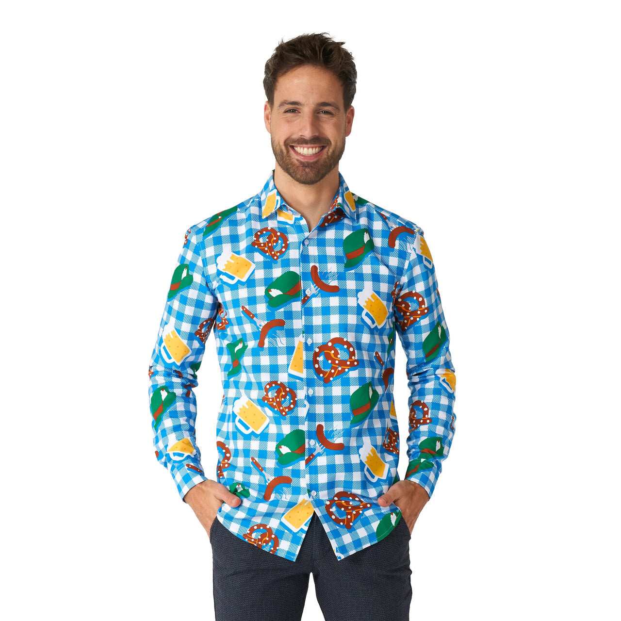 Op deze afbeelding zie je een Kostuums, van het merk Suitmeister. Octoberfest Checker Blouse Man