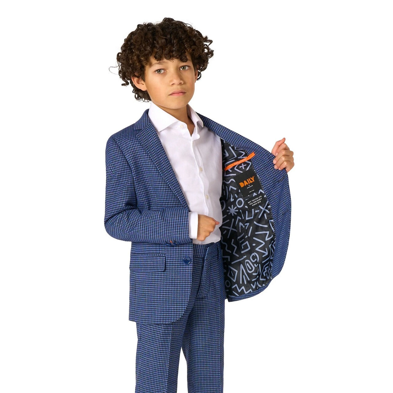 Op deze afbeelding zie je een Kostuums, van het merk Opposuits. Daily Checked Navy Jongen Kostuum
