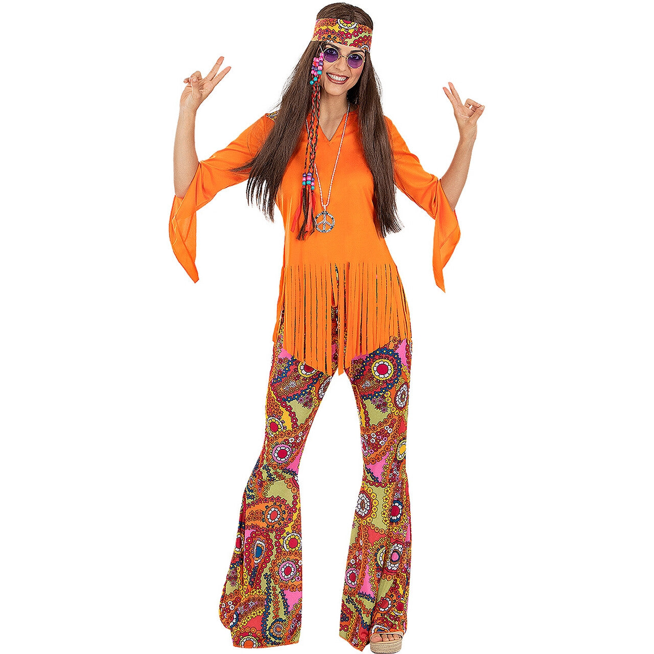 Op deze afbeelding zie je een Kostuums, van het merk Funidelia. Happy Camper Oranje Hippie Vrouw Kostuum