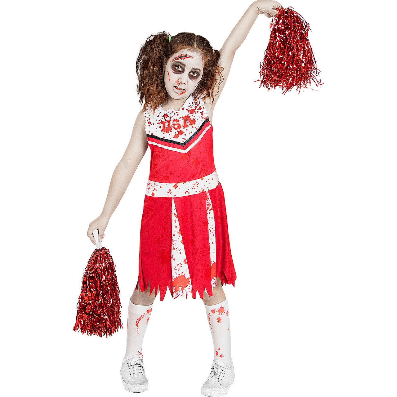 Op deze afbeelding zie je een Kostuums, van het merk Funidelia. Zombie Rode Cheerleader USA Meisje Kostuum