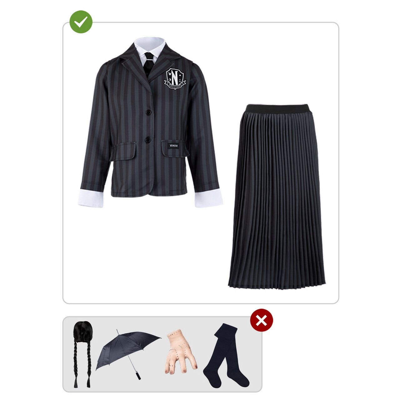 Op deze afbeelding zie je een Kostuums, van het merk Funidelia. Wednesday™ Addams Costume Uniform - Wednesday Vrouw Kostuum