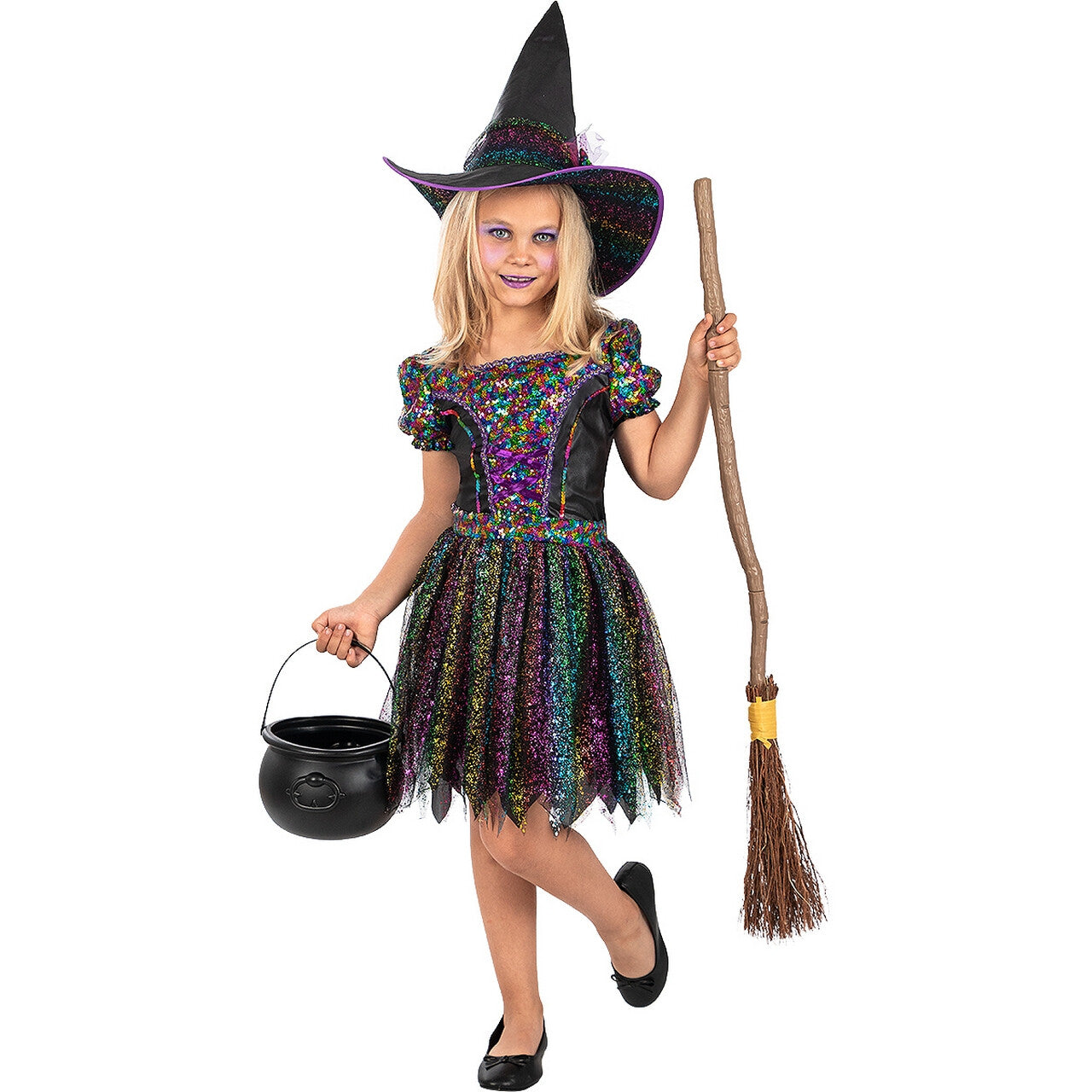 Op deze afbeelding zie je een Kostuums, van het merk Funidelia. Glitter En Glam Heks Katinka Glitterketel Meisje Kostuum