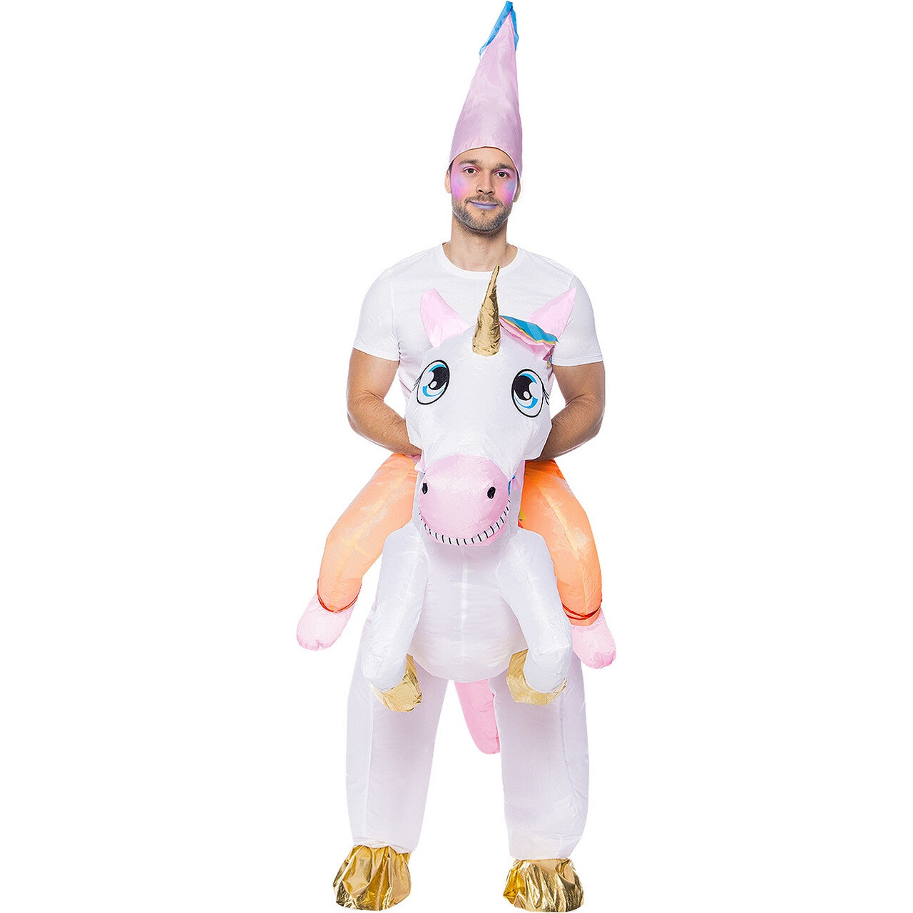 Op deze afbeelding zie je een Kostuums, van het merk Funidelia. Op De Rug Van Een Opblaasbare Fantasia Eenhoorn Kostuum