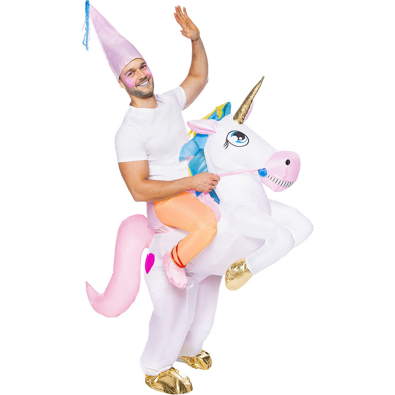 Op deze afbeelding zie je een Kostuums, van het merk Funidelia. Op De Rug Van Een Opblaasbare Fantasia Eenhoorn Kostuum
