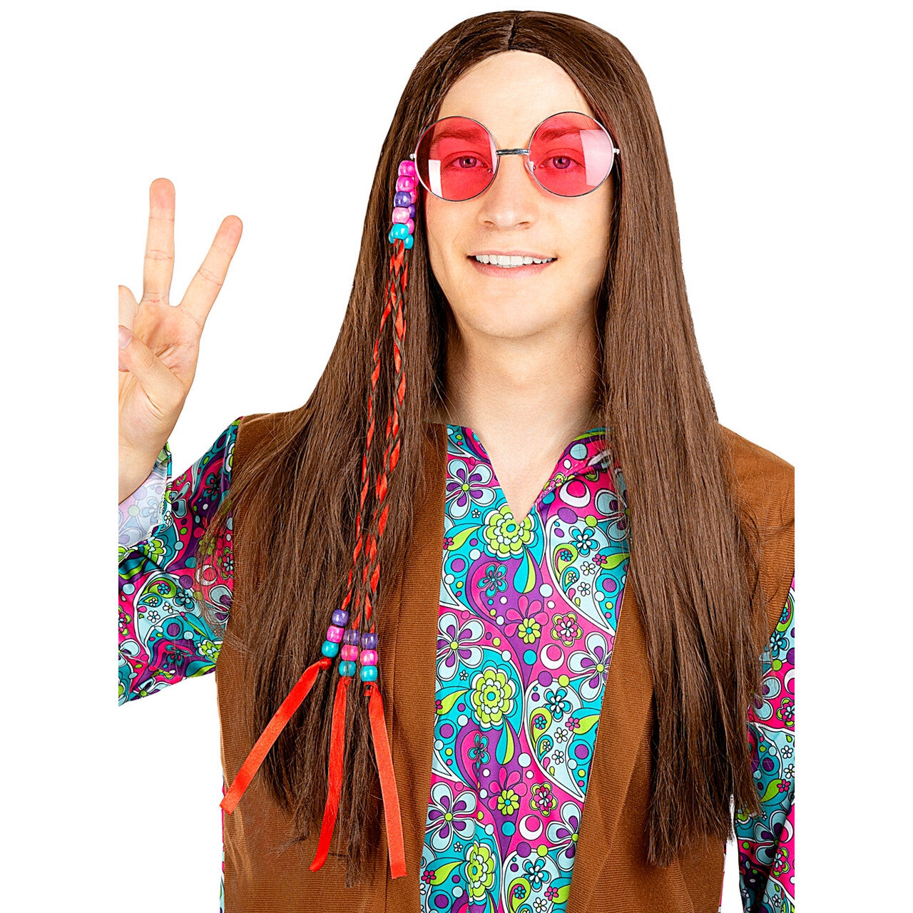 Op deze afbeelding zie je een Accessoires, van het merk Funidelia. Bruine Lange Hippie Pruik Johnny