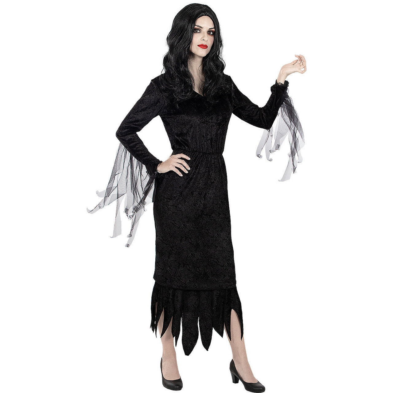 Op deze afbeelding zie je een Kostuums, van het merk Funidelia. Matriarch Morticia Frump Addams Vrouw Kostuum